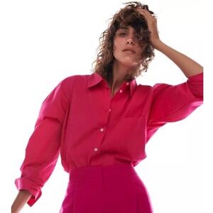 Zara NWOT Pink Oversized Button Up Poplin Shirt 100% Cotton in Size XS